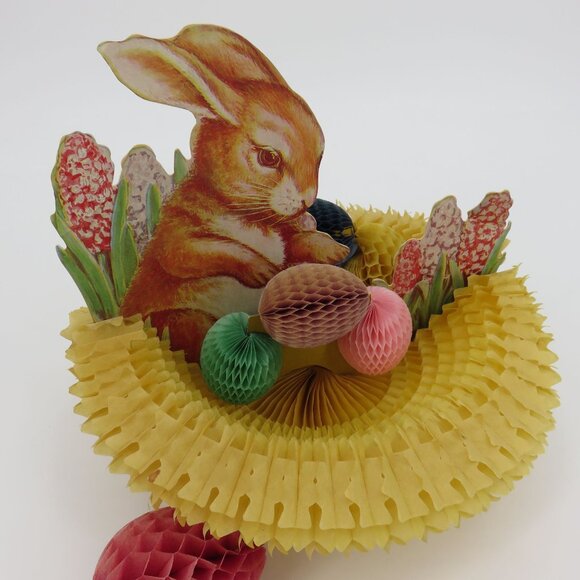 Vintage Easter Bunny Rabbit Basket Eggs Honeycomb Paper Table Decor Made in USA - Picture 2 of 16